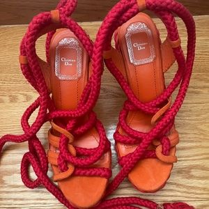 Vintage Dior Tahiti Gladiator Espadrille Sandals Orange Red Pre-Owned 37 1/2